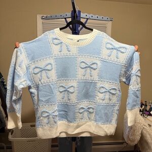 ARULA Light Blue and Cream Bow Knit Crewneck Sweater
